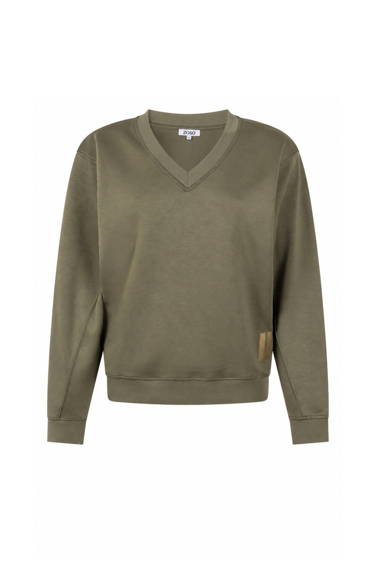 Groene Zoso Cody sweater met ronde hals en lange mouwen, getoond in close-up met textuur en zachte stof.
