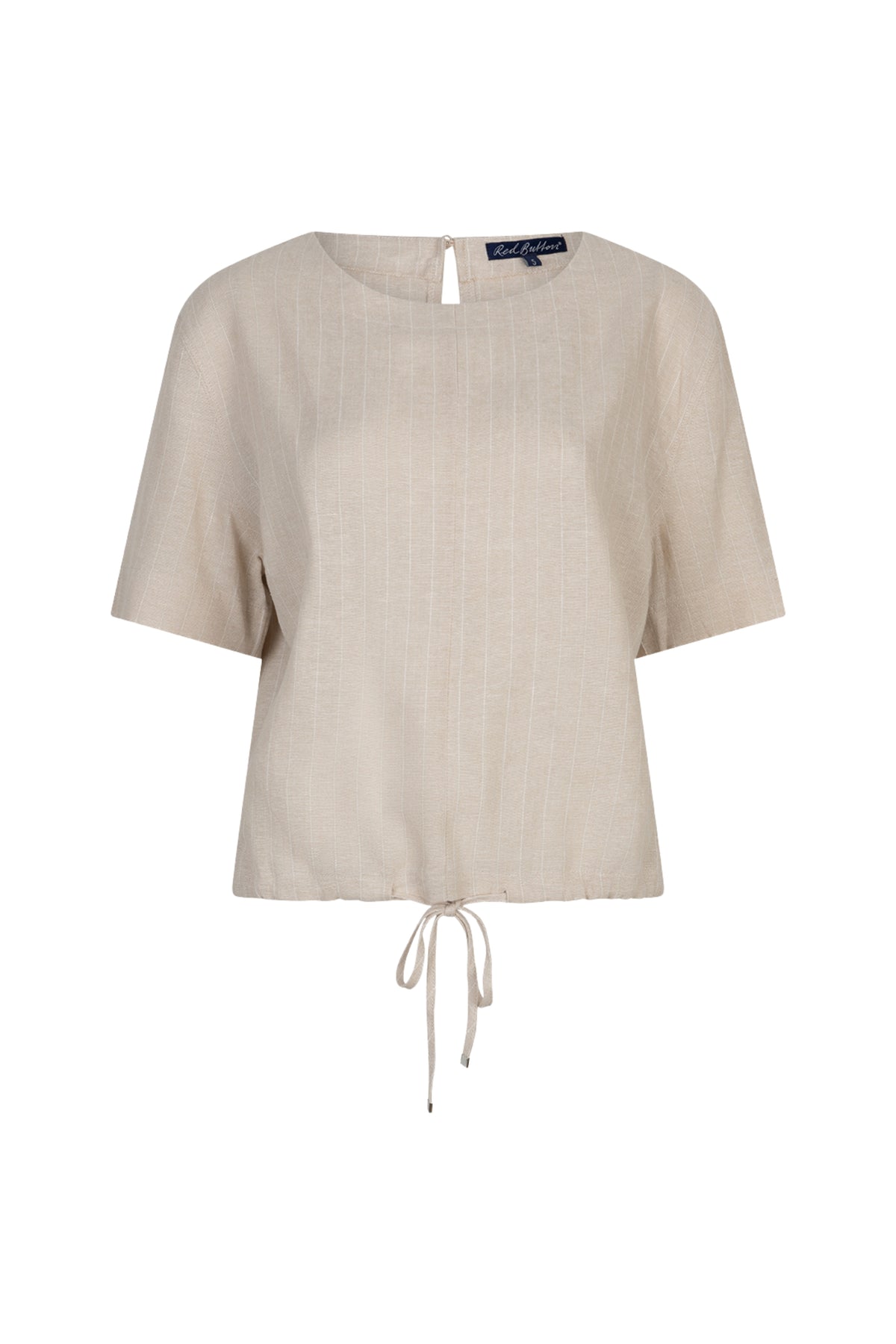 Linnen top Skyler van Red Button met pinstripe patroon in Pebble kleur, casual en stijlvolle uitstraling, close-up van de stof en details