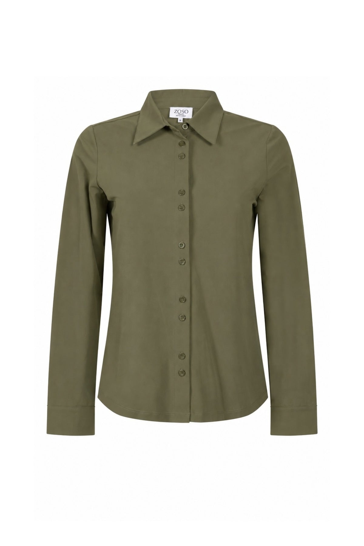 Groene reisblouse van Zoso, model Karen 265, met elegante pasvorm en comfortabele stof, zichtbaar op de afbeelding.