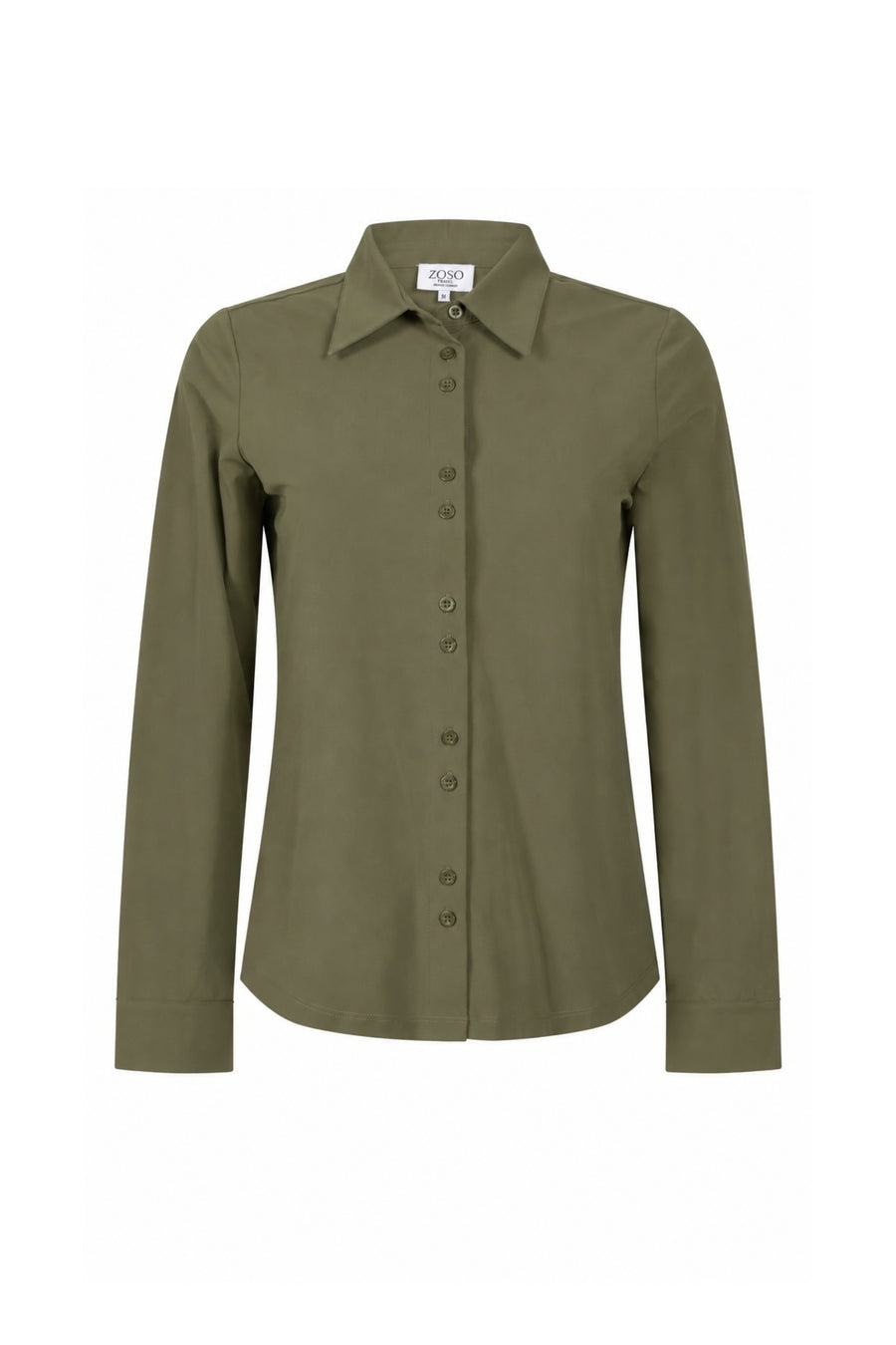 Groene reisblouse van Zoso, model Karen 265, met elegante pasvorm en comfortabele stof, zichtbaar op de afbeelding.