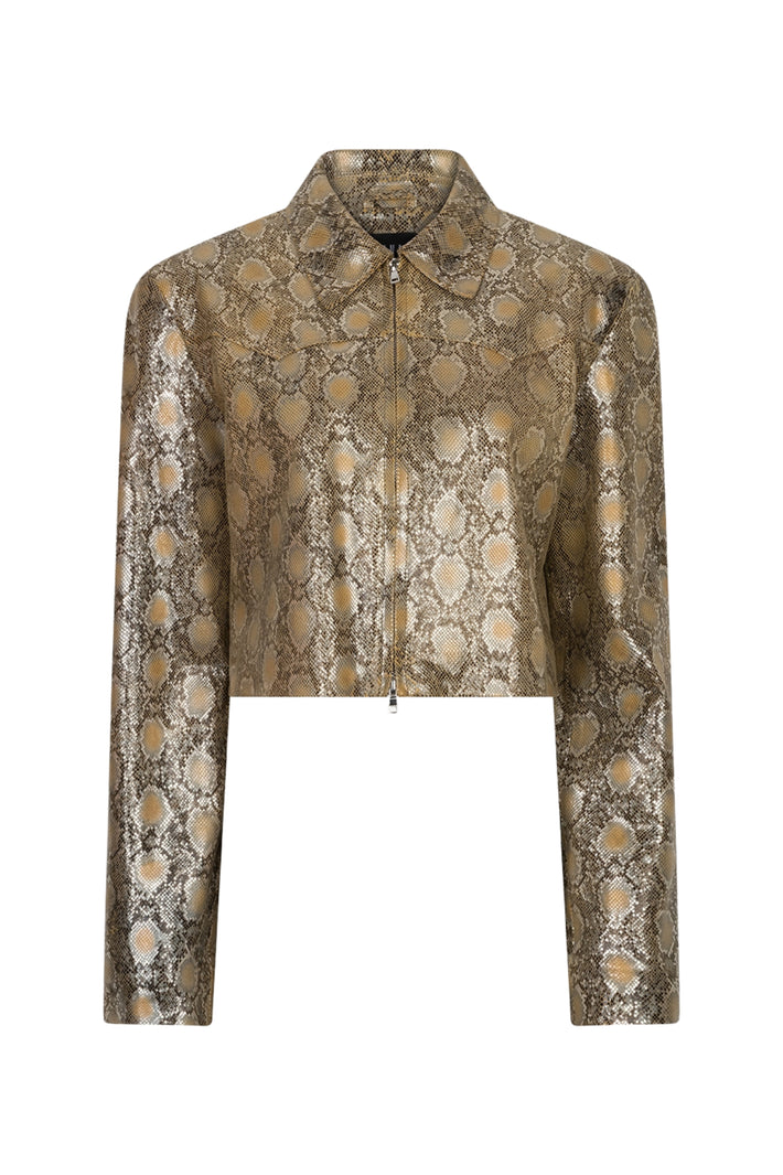 Ibana Jaylin Snake Serpent metallic jas met glanzende zilveren en metallic details, stijlvolle outdoor jas voor dames