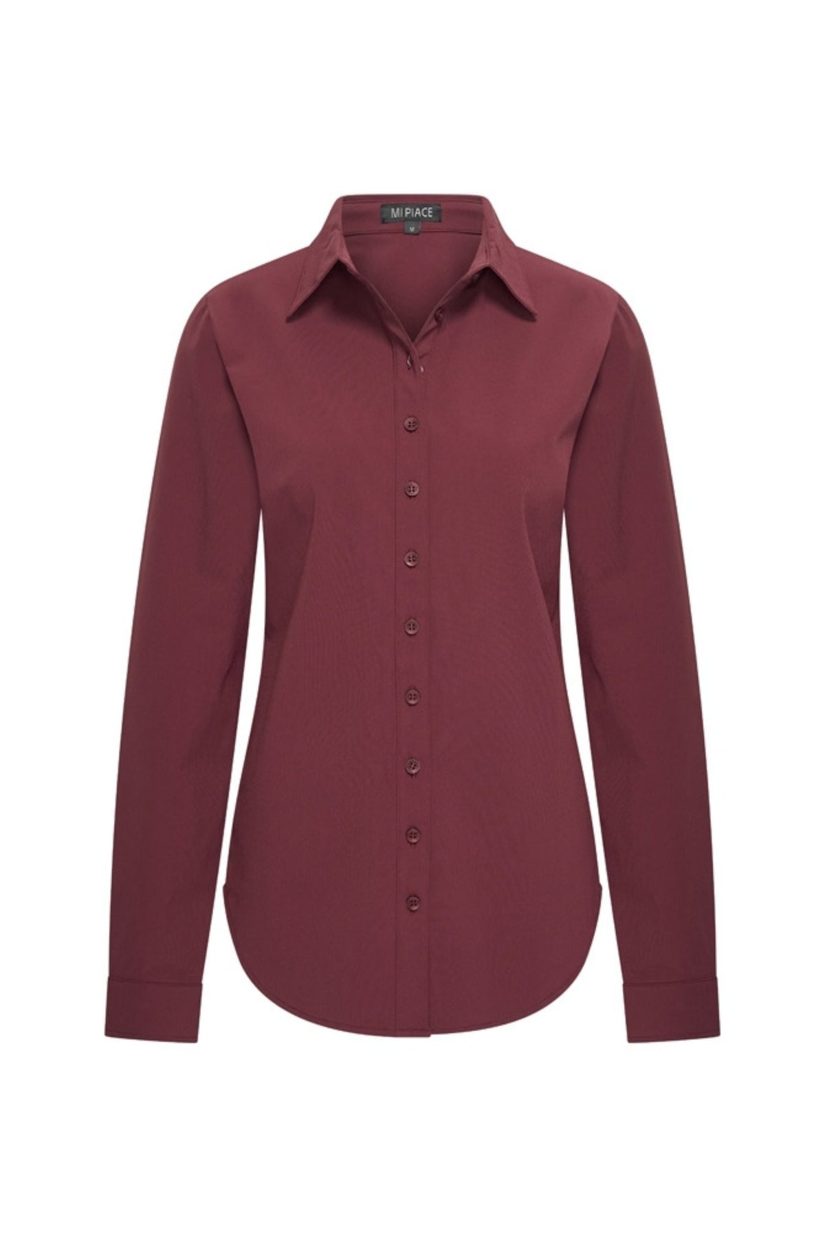 Mi Piace reisblouse in bordeauxrode kleur met comfortabele pasvorm en stijlvolle details, zichtbaar in de afbeelding.