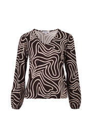 Enjoy blouse met V-hals, lijnenprint in bruin, korte mouwen en casual pasvorm, geschikt voor een stijlvolle look