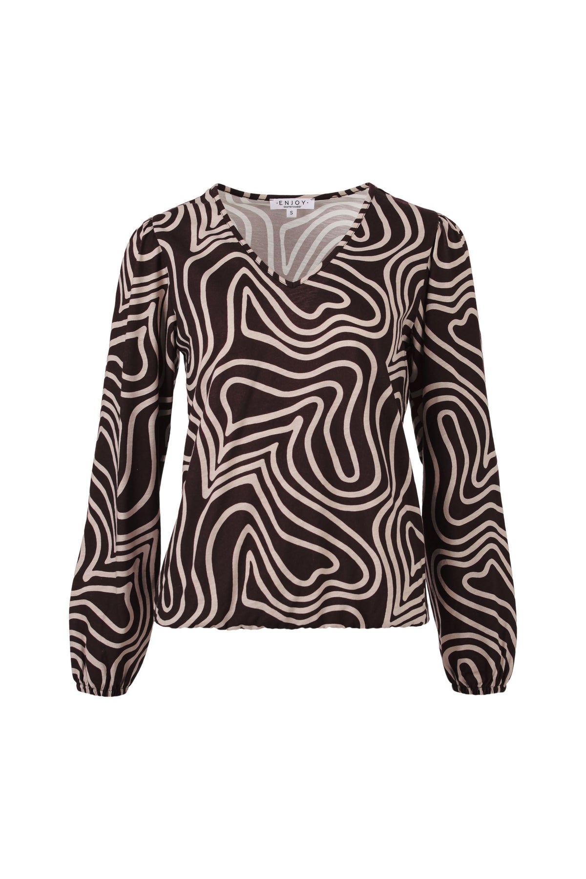 Enjoy blouse met V-hals, lijnenprint in bruin, korte mouwen en casual pasvorm, geschikt voor een stijlvolle look