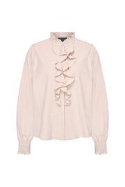 Lichte reisblouse met ruches in Mist van Mi Piace, elegante en comfortabele damesblouse voor onderweg