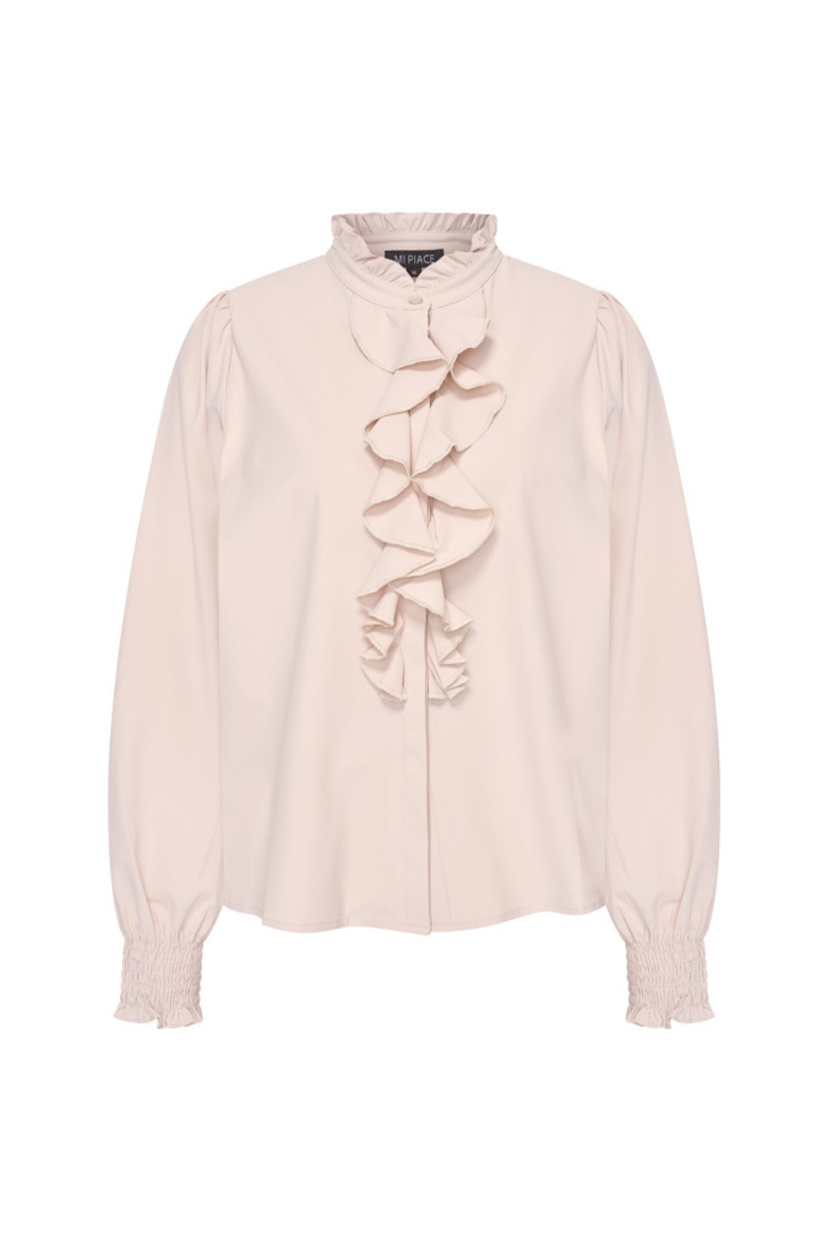 Lichte reisblouse met ruches in Mist van Mi Piace, elegante en comfortabele damesblouse voor onderweg