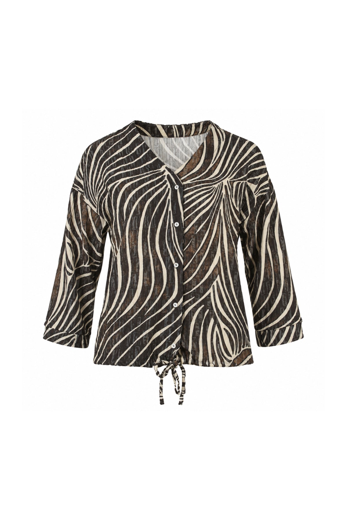 Bruine Enjoy blouse 7/8 met V-hals en zebra print, korte mouwen en losvallend model, close-up van patroon en stof.