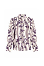Lila en zwarte gestreepte blouse met borduursel van Tramontana, casual damesmode, katoenen materiaal, close-up van de blouse.