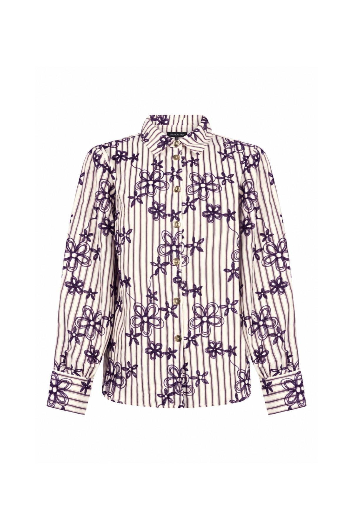 Lila en zwarte gestreepte blouse met borduursel van Tramontana, casual damesmode, katoenen materiaal, close-up van de blouse.