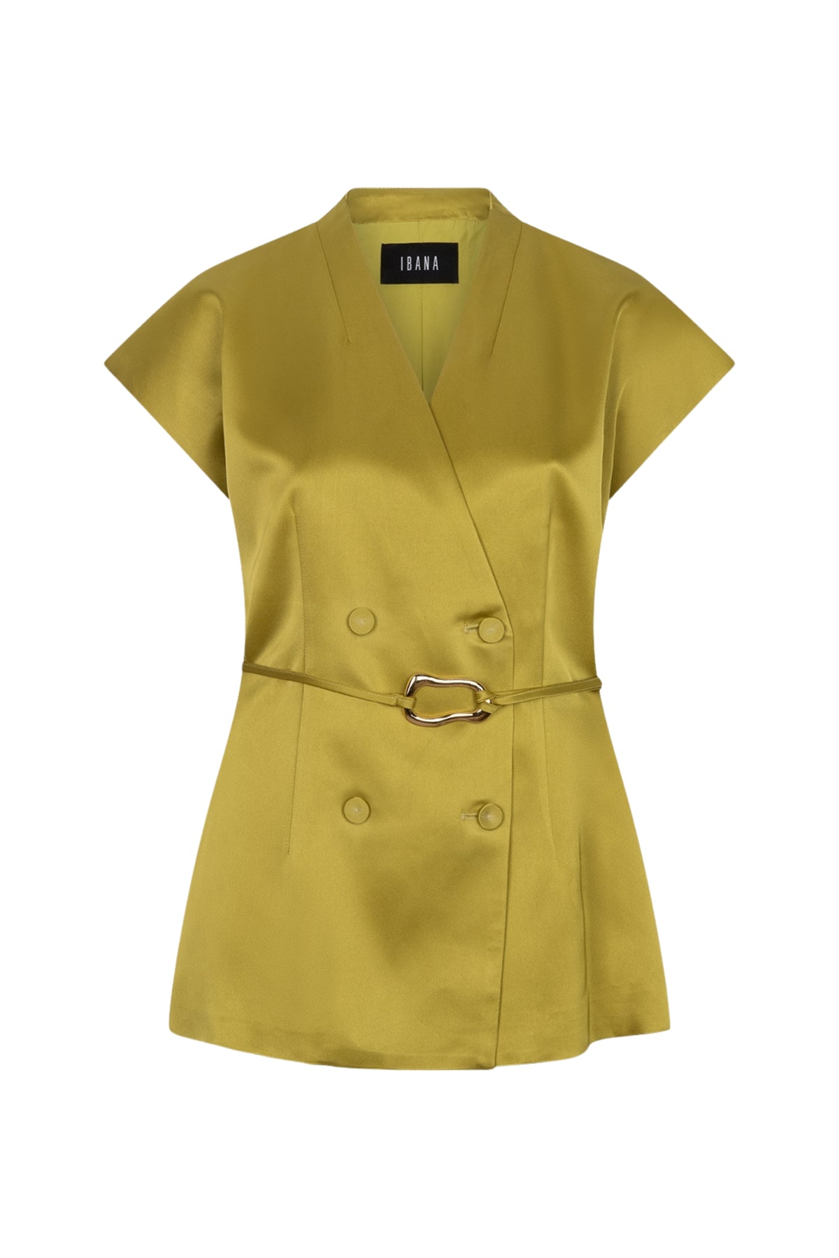 Ibana Blazer Teja Gold Groen met opvallende kleur en stijlvolle snit, gedragen door een model.