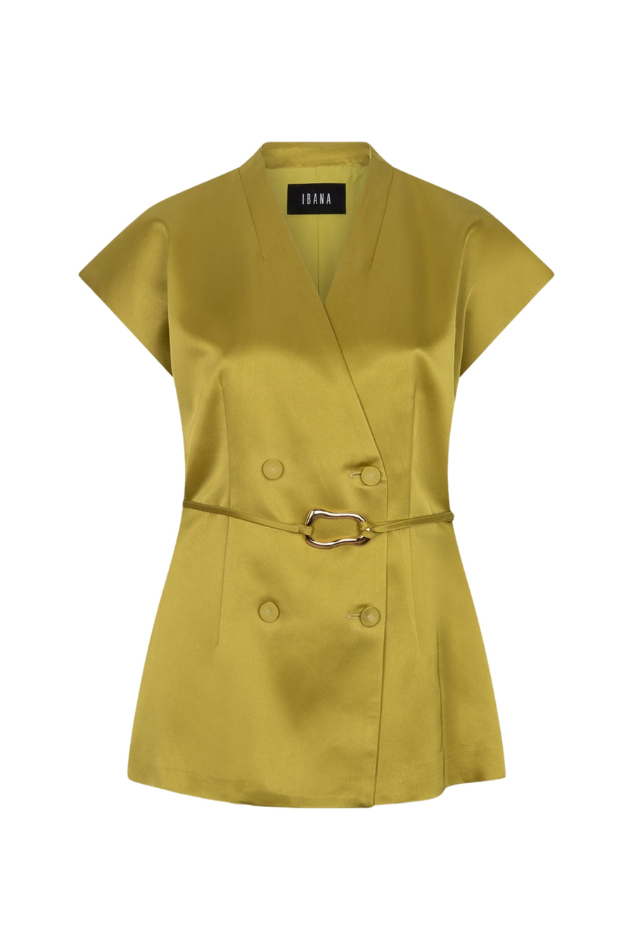 Ibana Blazer Teja Gold Groen met opvallende kleur en stijlvolle snit, gedragen door een model.
