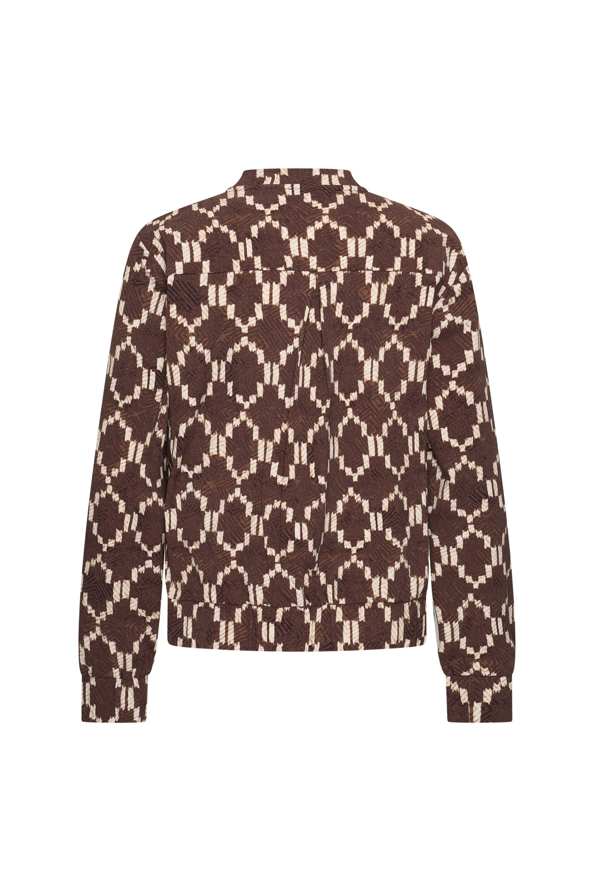 Mi Piace reistasjack met Ikat-print in espresso kleur, lichte en comfortabele travel jacket voor reizen en dagelijks gebruik.