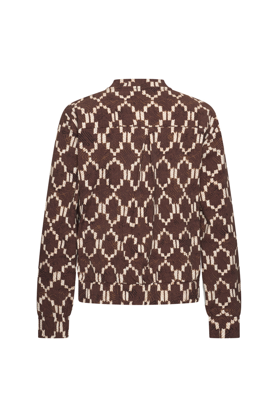 Mi Piace reistasjack met Ikat-print in espresso kleur, lichte en comfortabele travel jacket voor reizen en dagelijks gebruik.