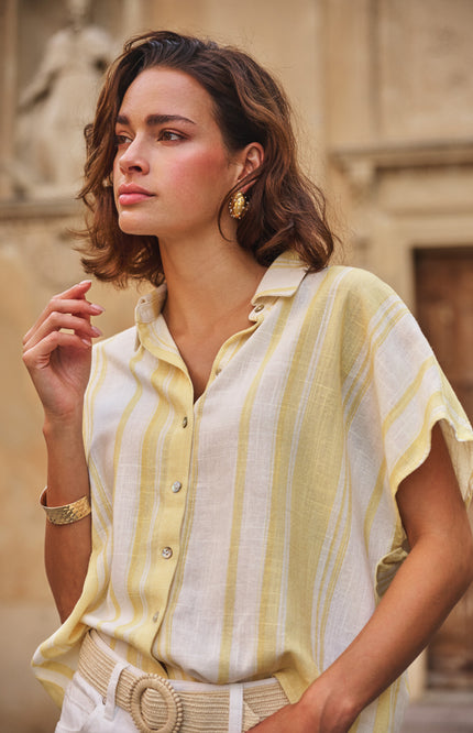 EsQualo Blouse Short Striped Linen Offwhite Lemon HS26.28216 Stretchshop.nl