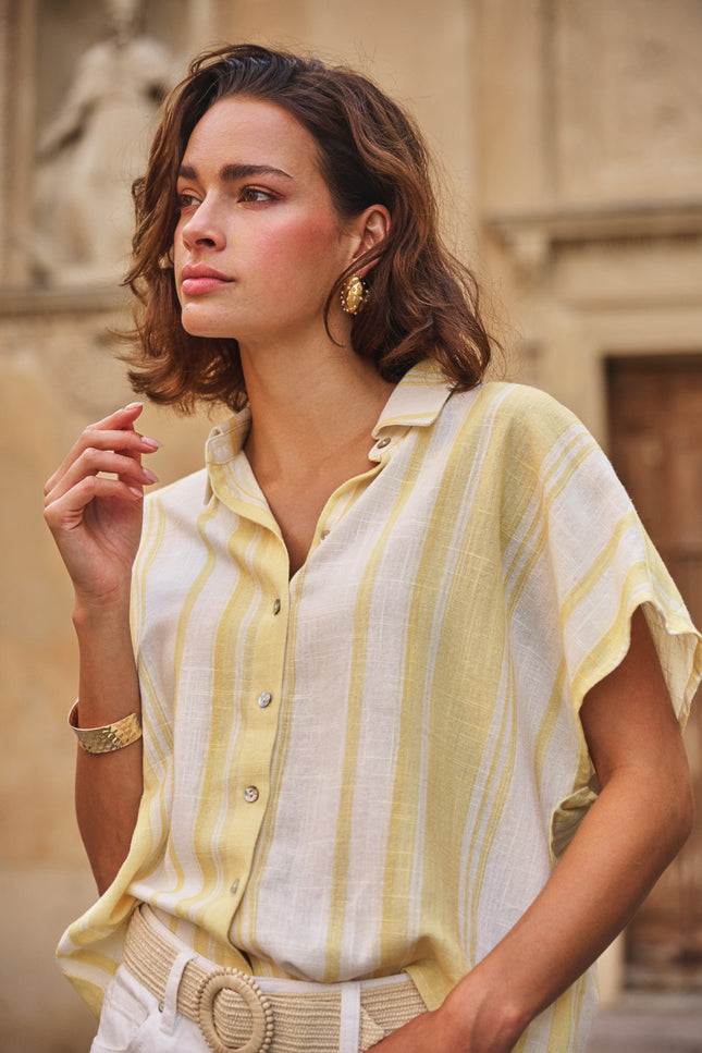 EsQualo Blouse Short Striped Linen Offwhite Lemon HS26.28216 Stretchshop.nl