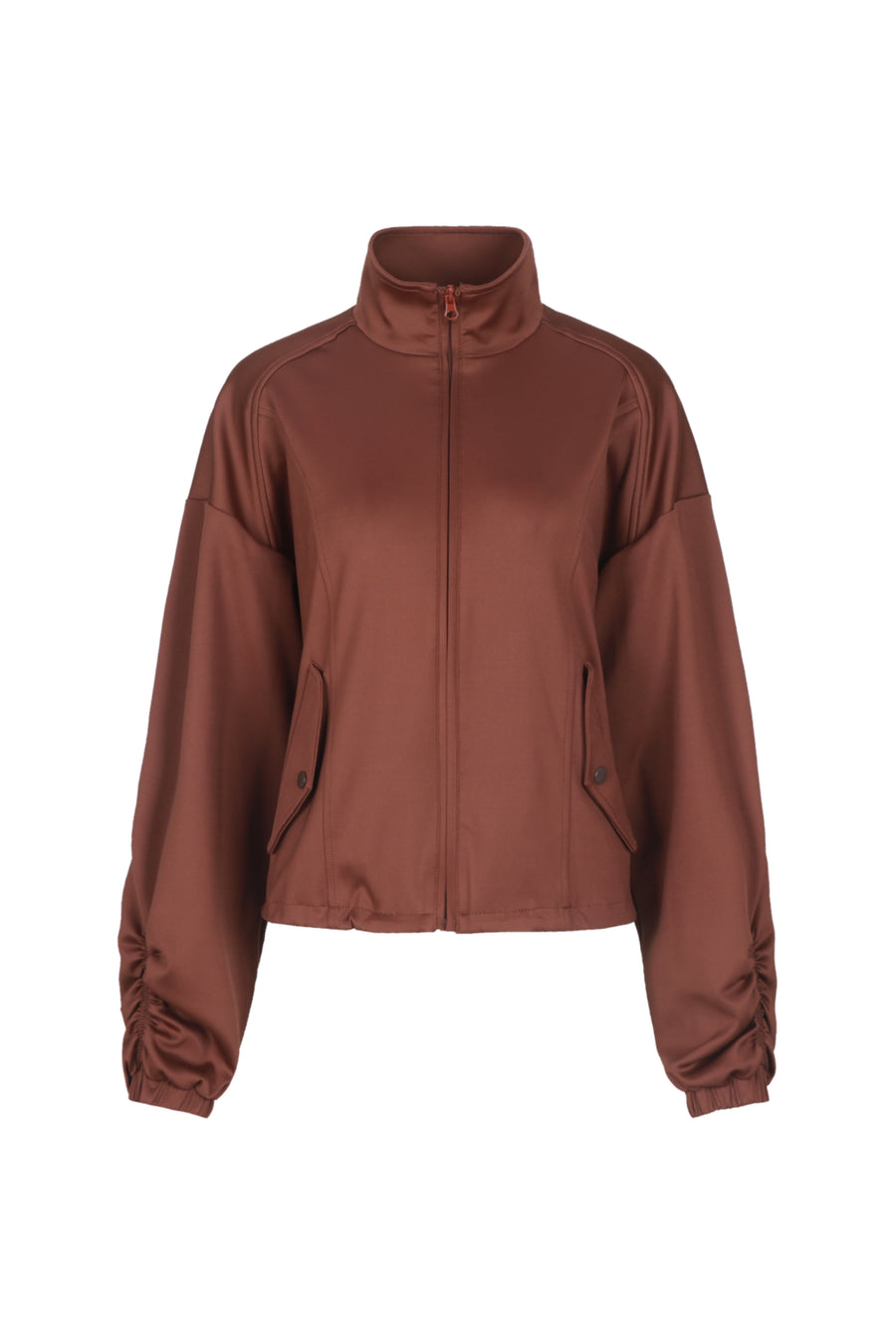 G-maxx juniper cappuccino jack met capuchon en ritssluiting, modieus en warm, gedragen door een persoon op een grijze achtergrond.