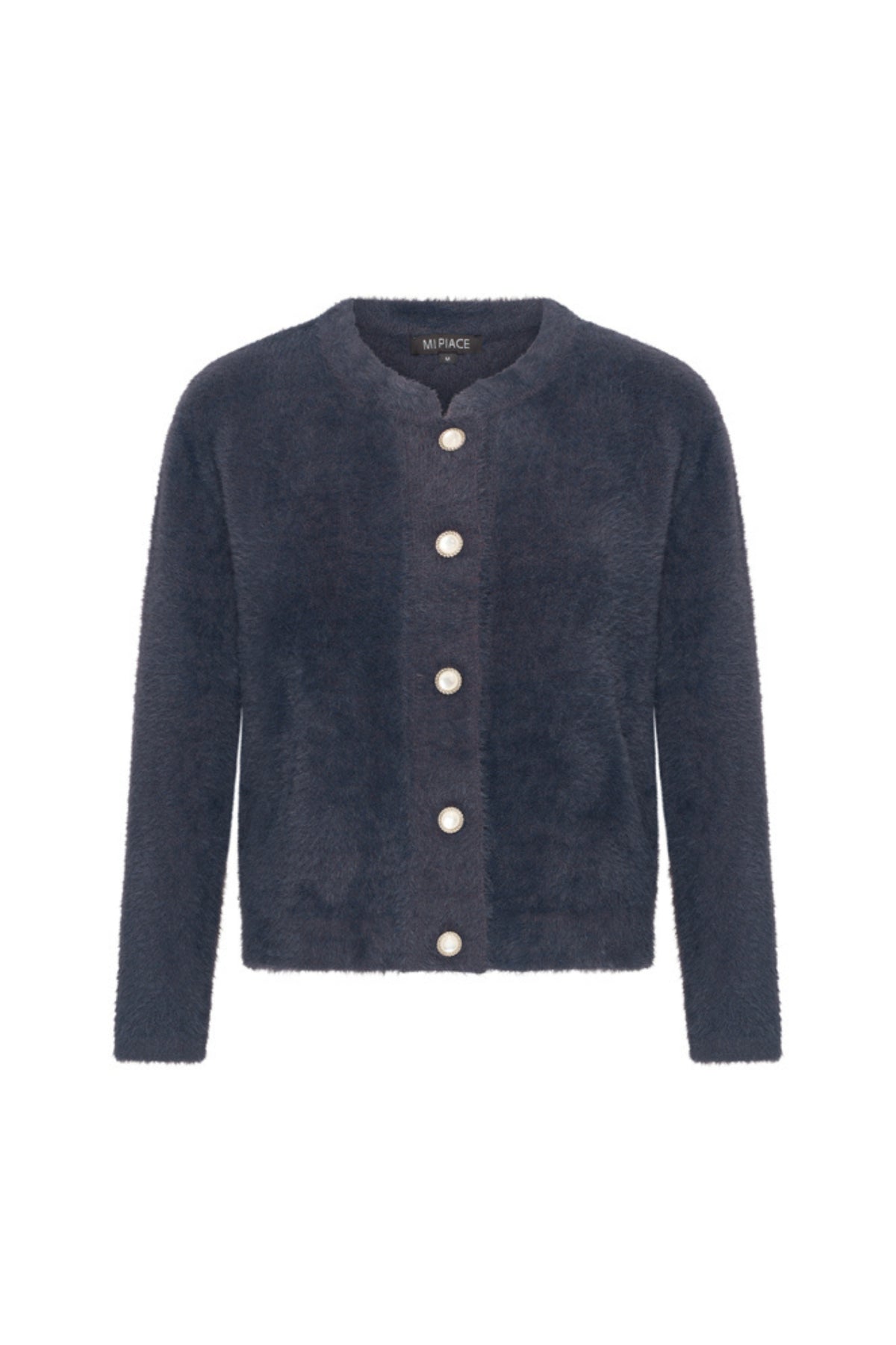 Donkerblauwe hairy vest van Mi Piace met zachte textuur, getoond in close-up afbeelding.