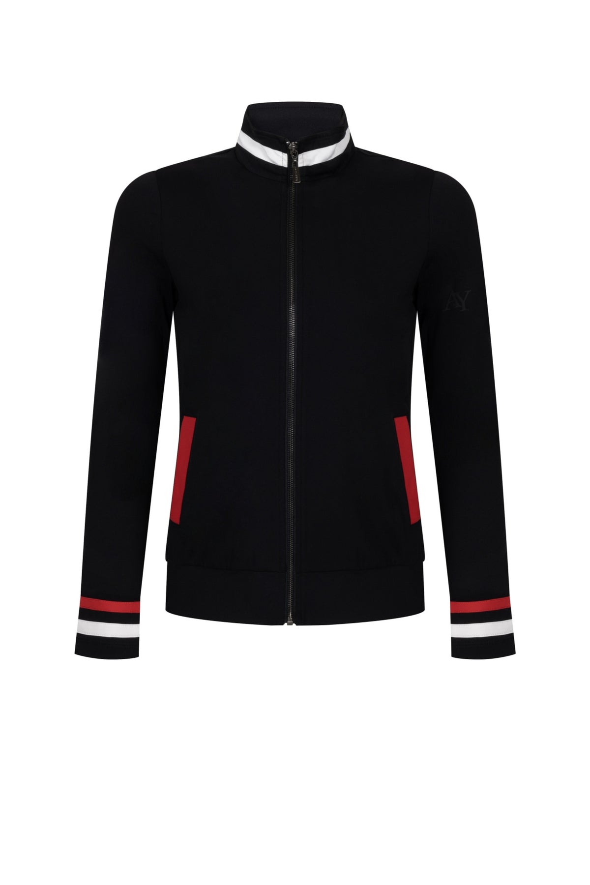 Ann & You reishandschoen Travel Jacket Eve in zwart en rood, met gedetailleerde stof en verstelbare pasvorm.