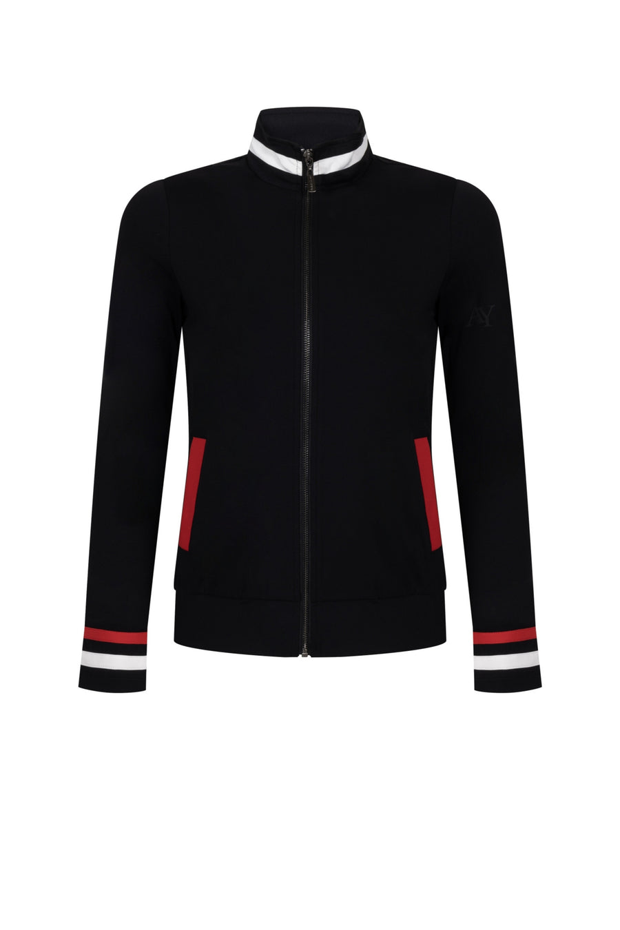 Ann & You reishandschoen Travel Jacket Eve in zwart en rood, met gedetailleerde stof en verstelbare pasvorm.