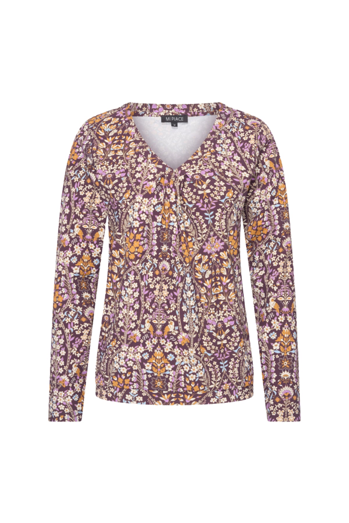 Mi Piace reiskleding top met V-hals en bloemenprint, kleurrijk tuinmotief voor dames, comfortabel en stijlvol.