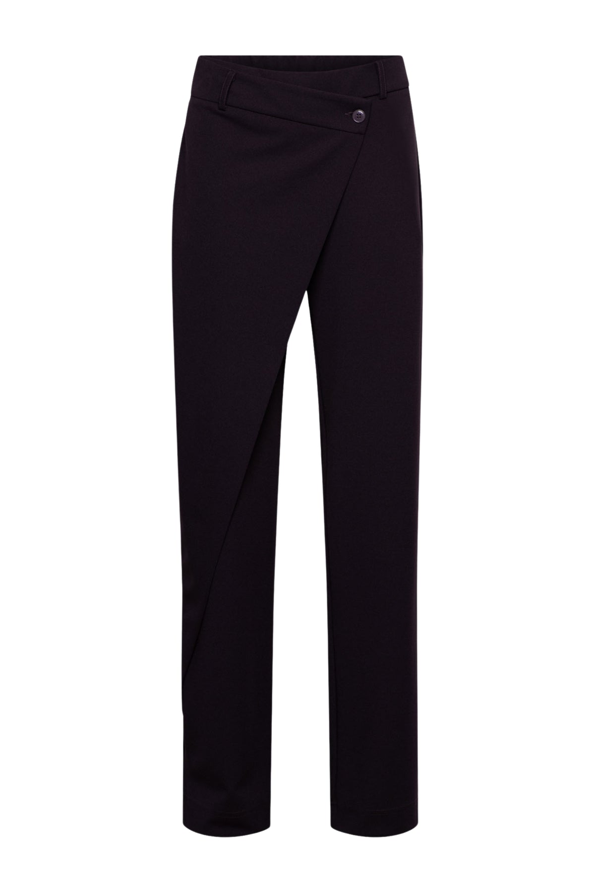 Donkerpaarse broek Gabriella van &Co woman, getoond in close-up met vouw en elastische taille.