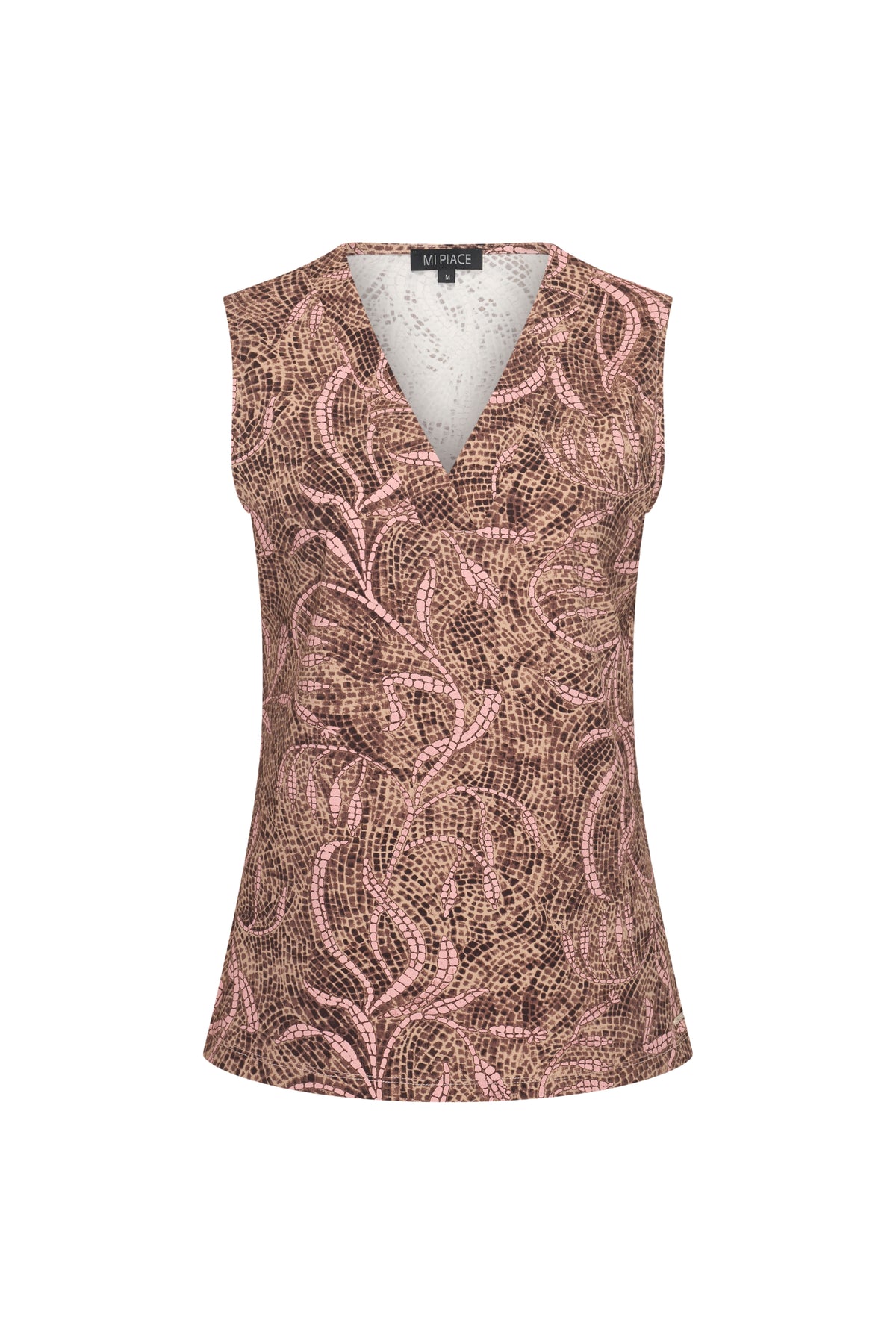 Mi Piace reis-top met Twilight Twigs print in espresso kleur, lichte stof en comfortabele pasvorm voor dames.