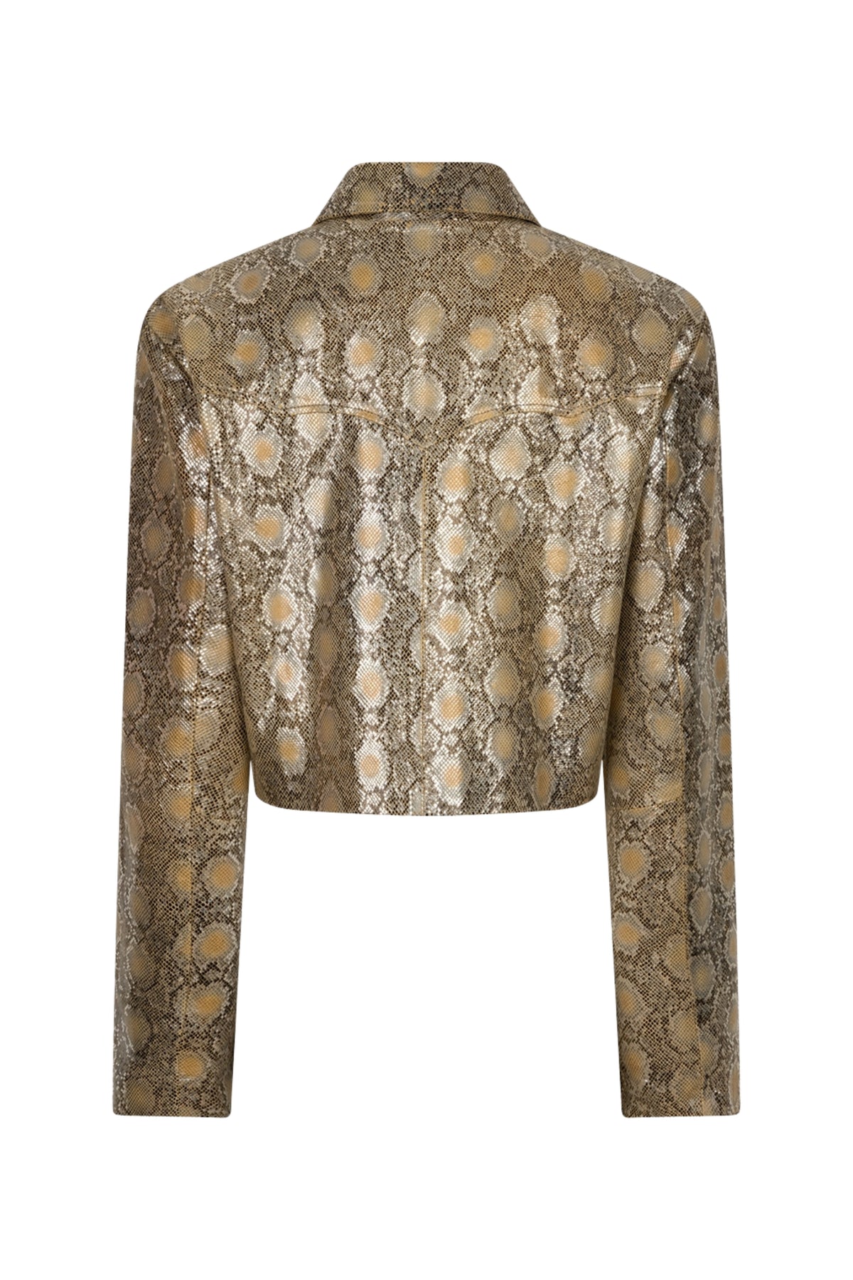 Lederen jacquet Jaylin Snake Serpent Metallic van Ibana, glanzende metallic afwerking en slangenprint, zichtbaar op de afbeelding.
