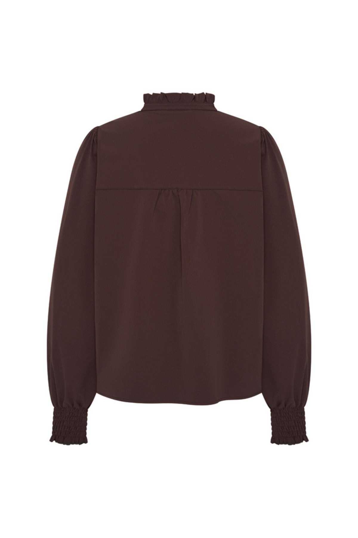 Mi Piace Travel blouse Ruffle in espresso, elegante blouse met ruches en lange mouwen