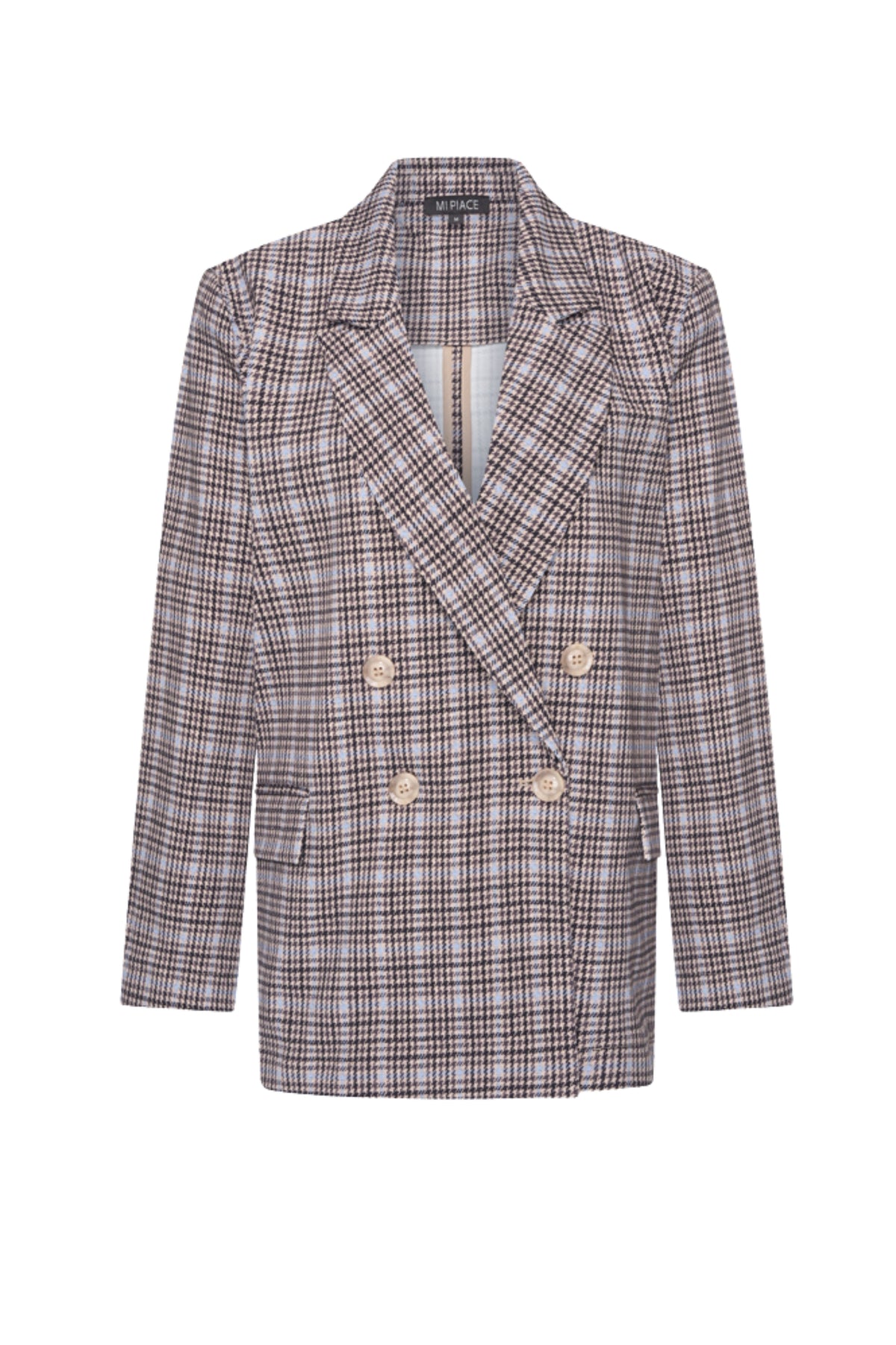 Oversized Mi Piace heavy travel blazer met Harvest Tweed print in Della Blue, geschikt voor stijlvolle reisoutfits.