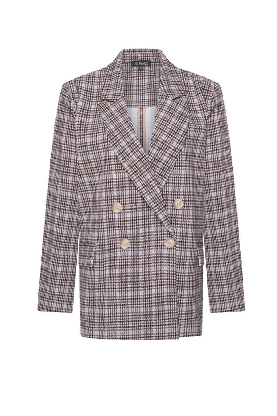 Oversized Mi Piace heavy travel blazer met Harvest Tweed print in Della Blue, geschikt voor stijlvolle reisoutfits.