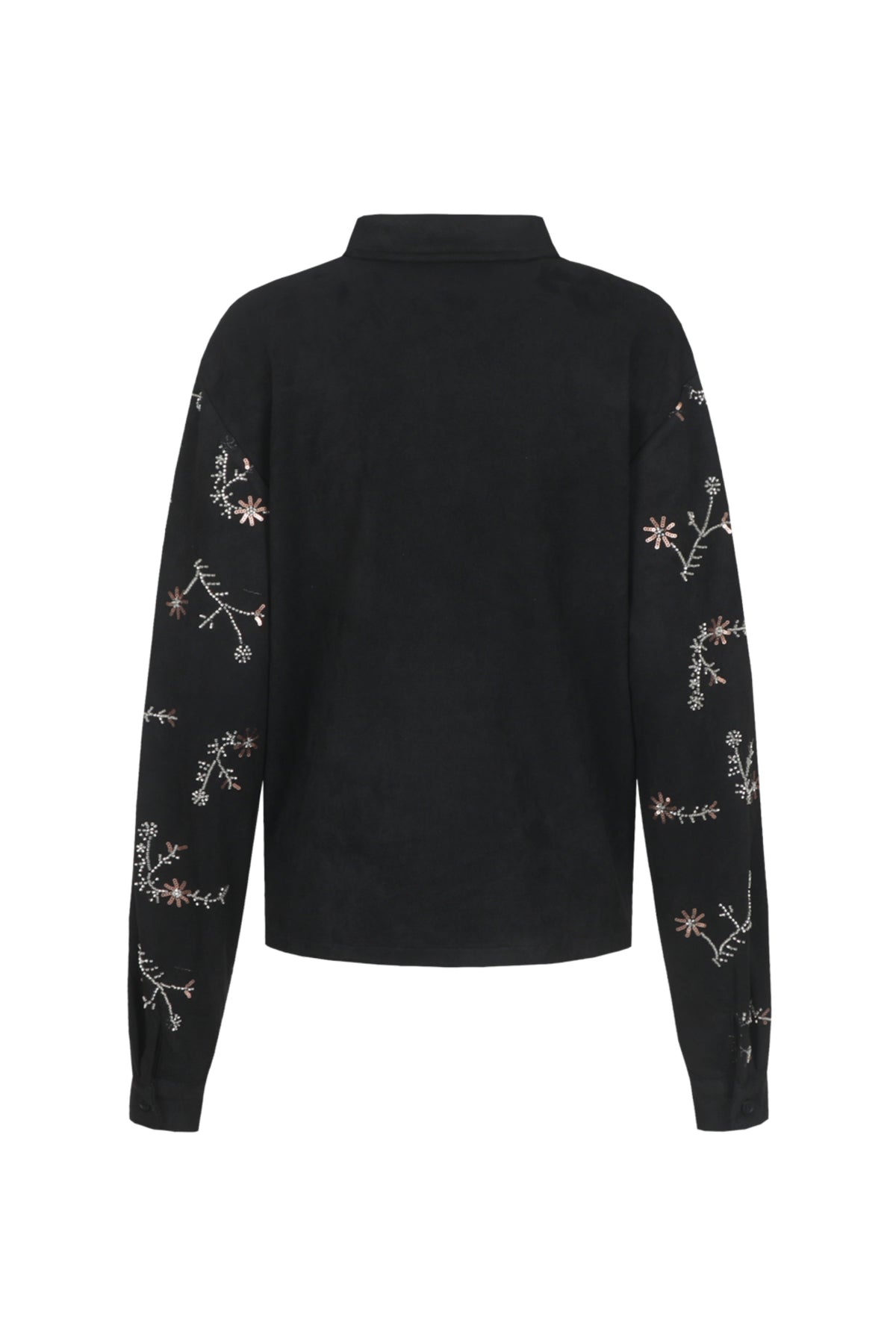 Zwarte blouse Blythely van G-maxx met lange mouwen en ronde hals, uitgestrekt op een witte achtergrond.
