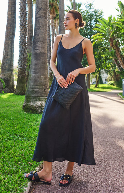 EsQualo Jurk Maxi Singlet Linen Black HS26.28256 Stretchshop.nl