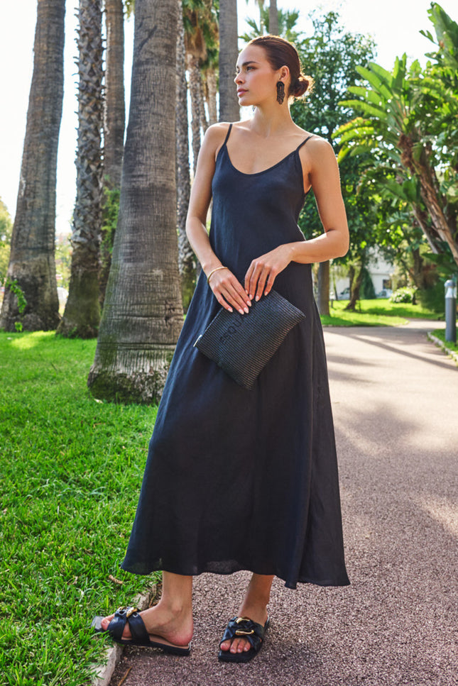 EsQualo Jurk Maxi Singlet Linen Black HS26.28256 Stretchshop.nl