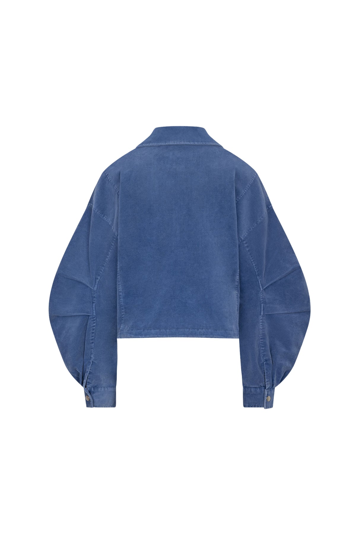 Blauwe jas Gijsje van Studio Amaya met capuchon en ritssluiting, getoond op een hanger.