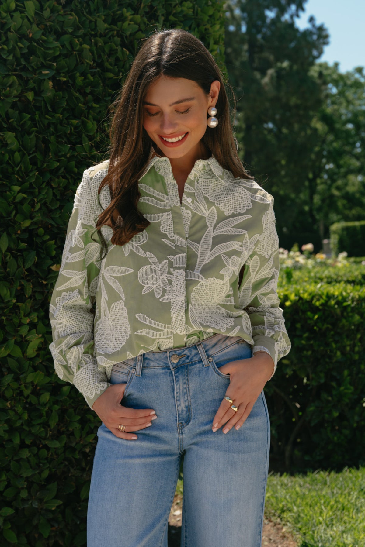 G-maxx blouse Kimberly in licht mosgroen zandkleurig met lange mouwen en losvallende pasvorm, geschikt voor casual en zakelijke outfits