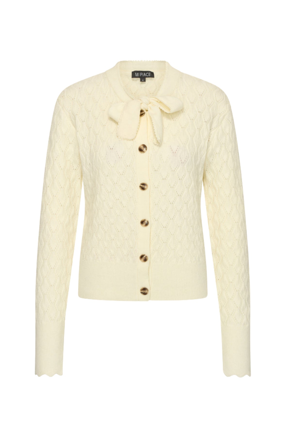 Offwhite vest met ajour en strikdetail van Mi Piace, elegante damesvest met opengewerkte patronen en zachte textuur