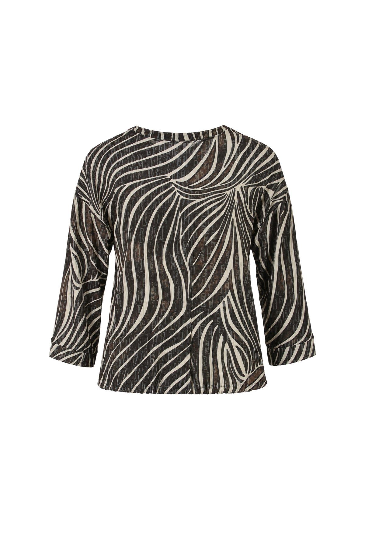 Bruine Enjoy blouse 7/8 met V-hals en zebra print, zachte stof en stylish design zichtbaar in de afbeelding.
