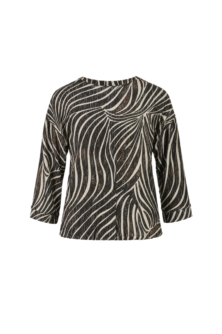 Bruine Enjoy blouse 7/8 met V-hals en zebra print, zachte stof en stylish design zichtbaar in de afbeelding.