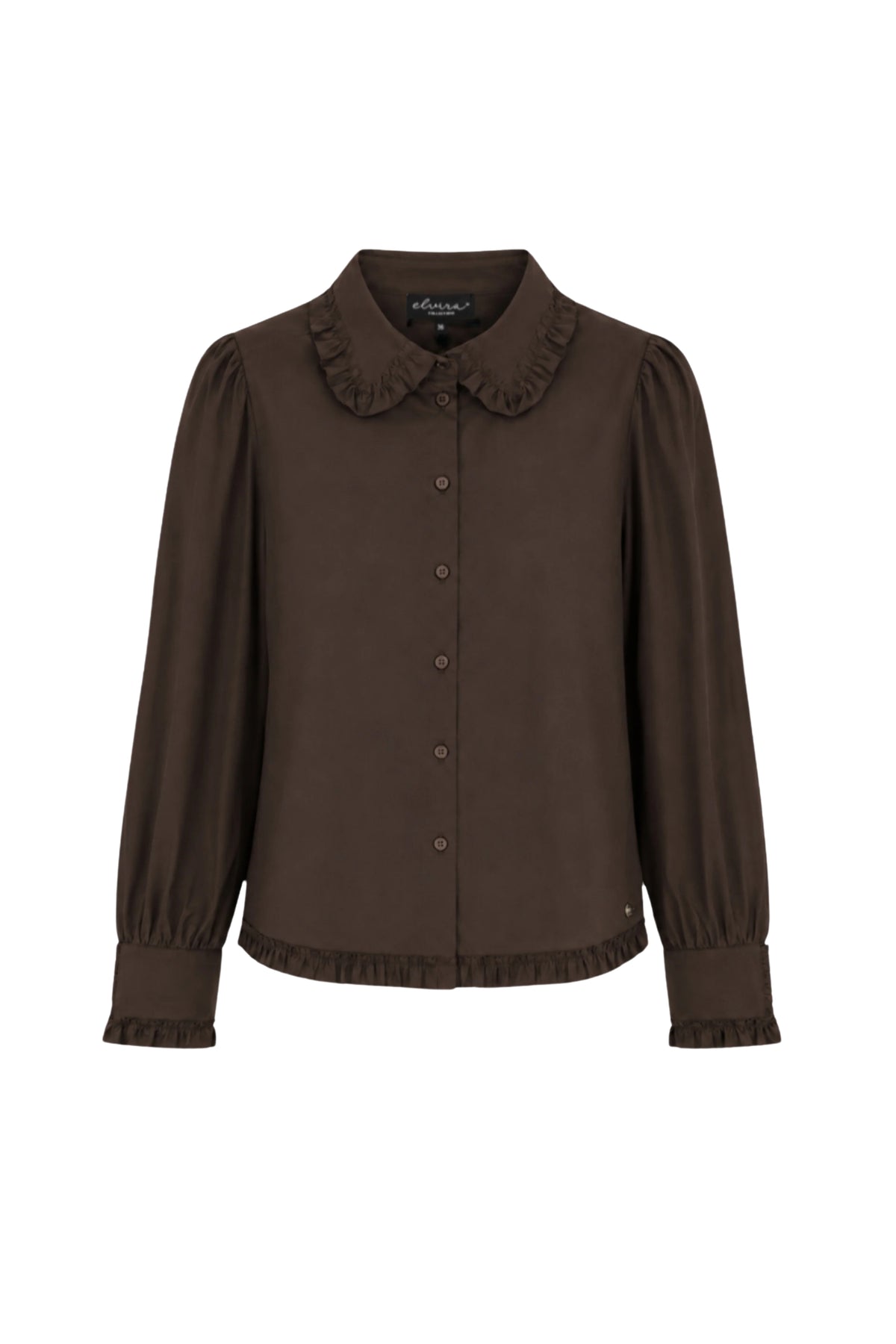 Donkere koffiekleurige blouse Camilla van Elvira Casuals met elegante pasvorm en knoopsluiting, getoond op een witte achtergrond