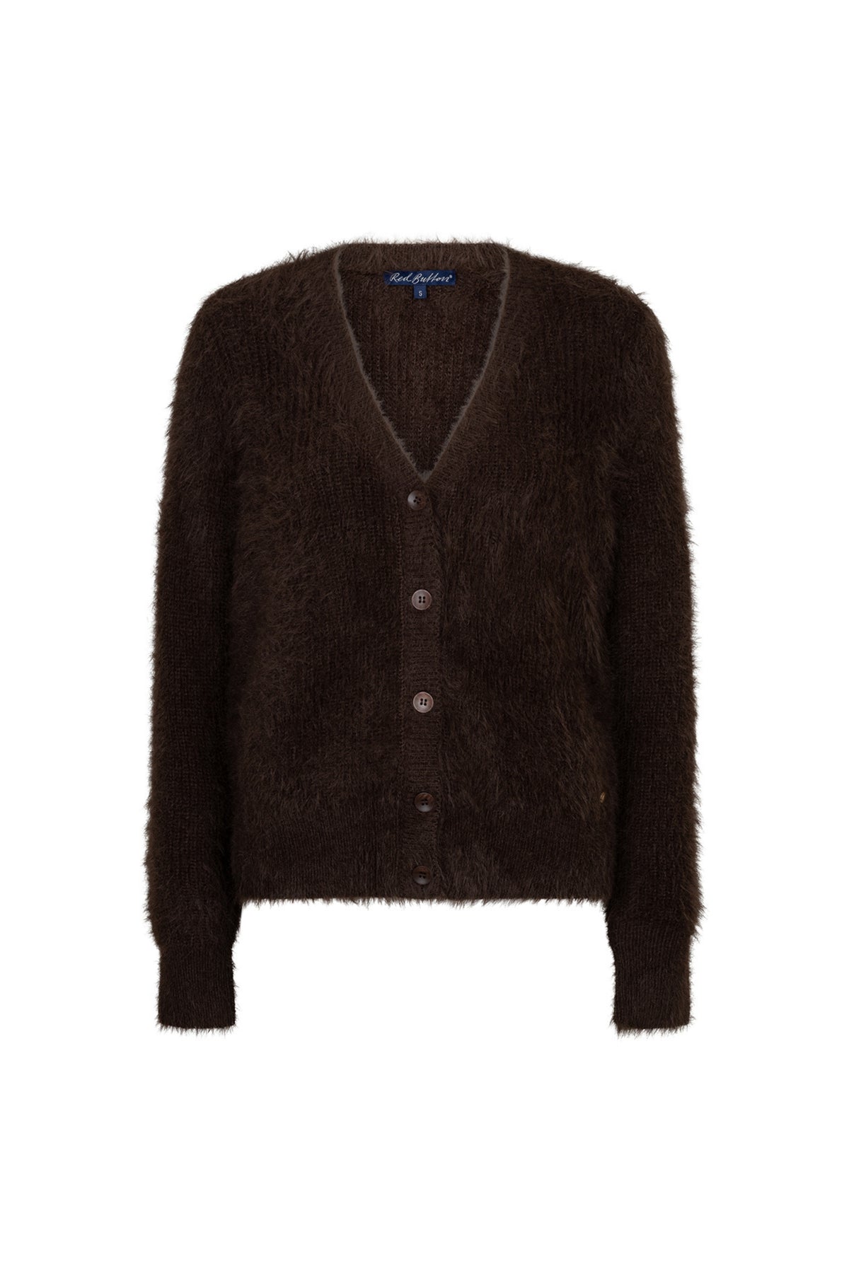Fuzzy espresso vest van Red Button met zachte textuur, gedragen door een persoon, close-up van het kledingstuk in de afbeelding.