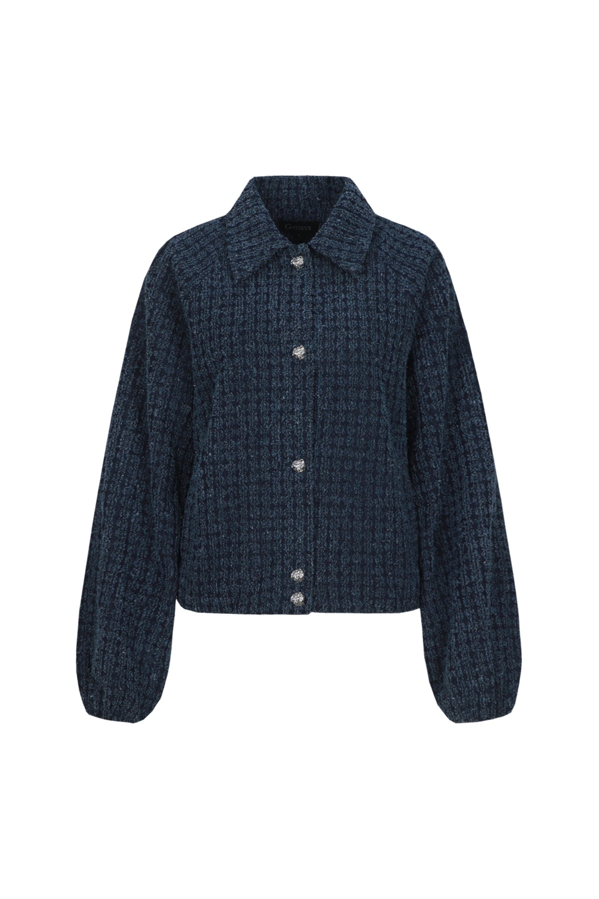 Donkerblauwe denim jas Keelin van G-maxx met kraag en knopen, getoond in close-up op een witte achtergrond.