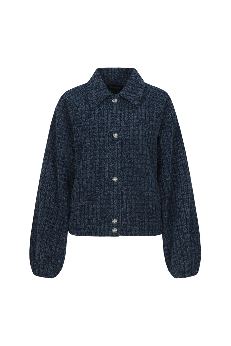 Donkerblauwe denim jas Keelin van G-maxx met kraag en knopen, getoond in close-up op een witte achtergrond.