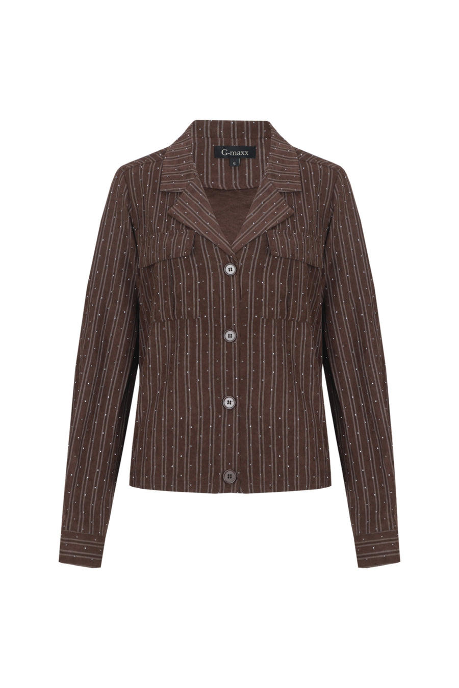 G-maxx Neasa Dark Earth blazer, donkerbruine stijlvolle jas met reverskraag en knoopsluiting, gedragen door een model.