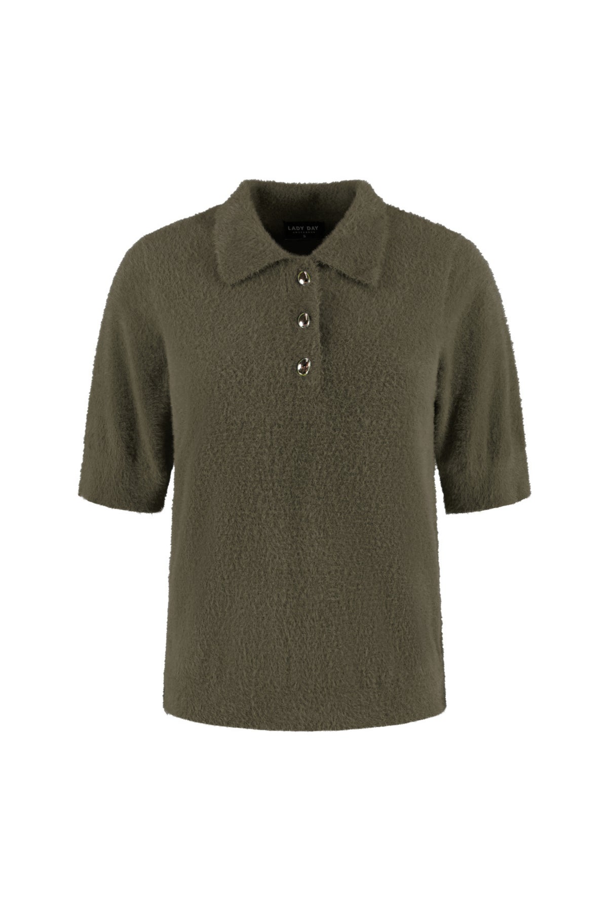 Lady Day Top Tesely Deep Forest L28-601-3478, close-up van de groene meditatie top met textuurrijke tesely stof.