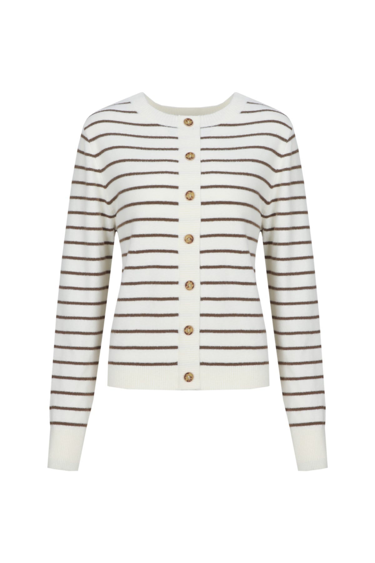Witte Eibhlin breiwol sweater van G-maxx met een donker aardetint, getoond op een model met lange mouwen en een ronde hals.