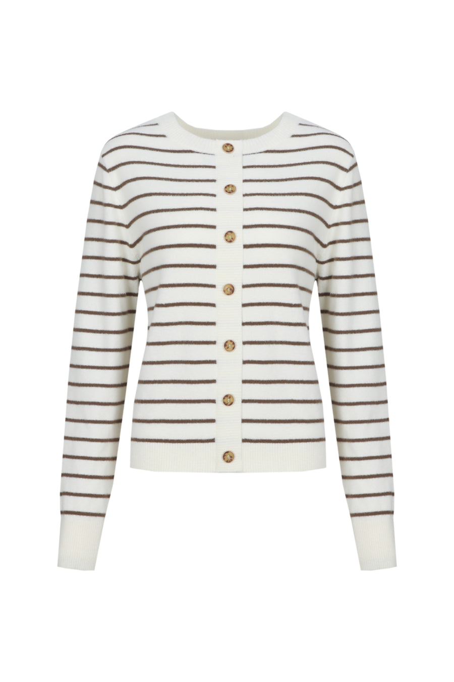 Witte Eibhlin breiwol sweater van G-maxx met een donker aardetint, getoond op een model met lange mouwen en een ronde hals.