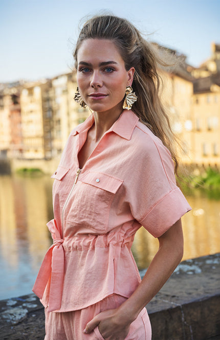 EsQualo Blouse Zipper Fine Crinkle Bellini SP26.10038 Stretchshop.nl