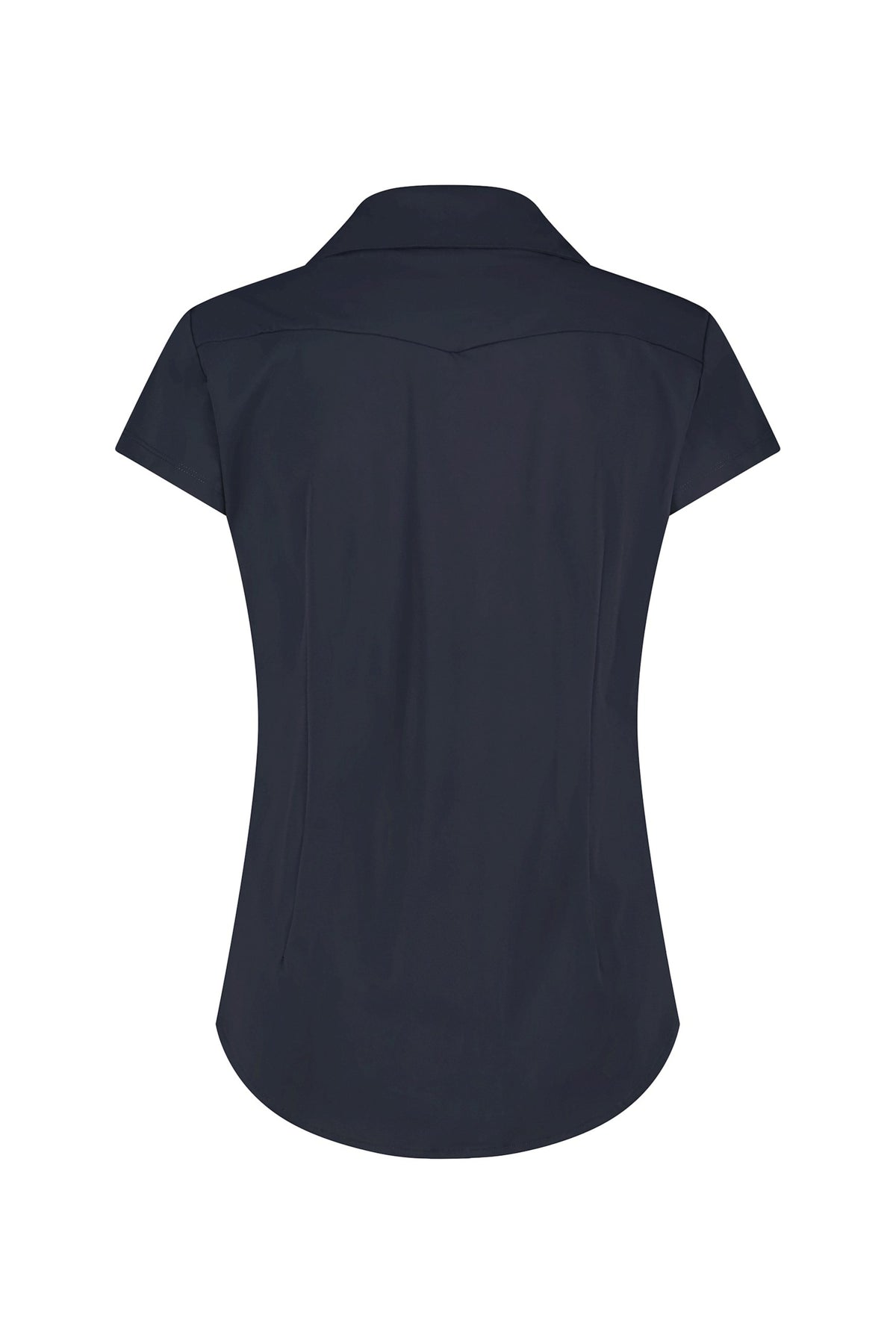 Lady Day Travel blouse Suzy Cap in blauw, getailleerd, met korte mouwen en stijlvolle details, perfect voor reizen en casual dragen