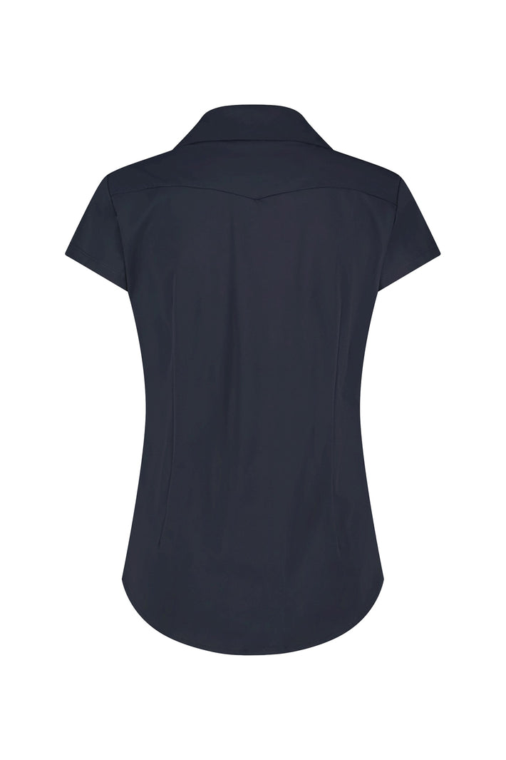 Lady Day Travel blouse Suzy Cap in blauw, getailleerd, met korte mouwen en stijlvolle details, perfect voor reizen en casual dragen