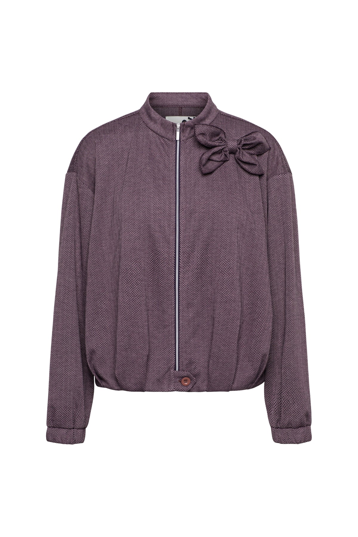 Lichte damesjas Cora Herringbone Deep Plum Multi van &Co woman, getailleerd met patroon en knopen, geschikt voor koude dagen.